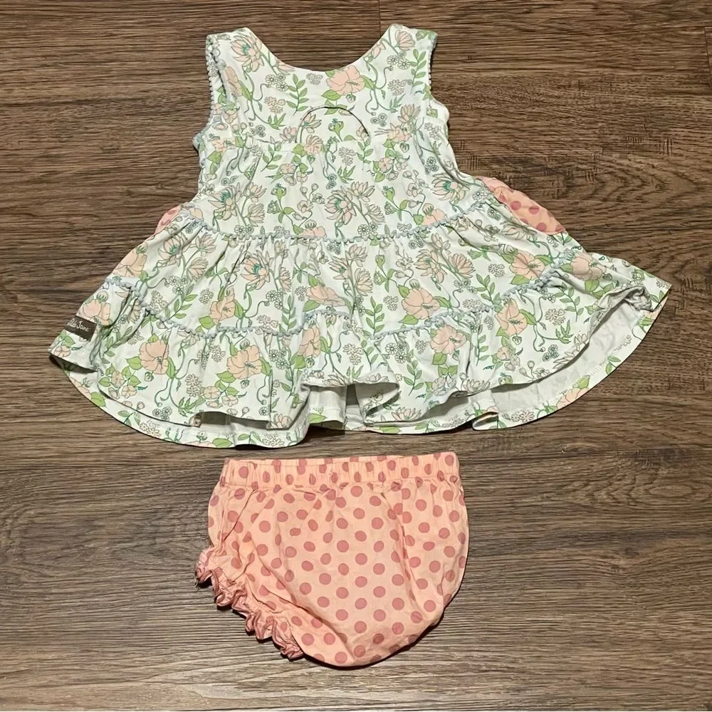 Matilda Jane Little Adventure Dress and Bloomer Diaper Cover Peach Green 6-12 mo